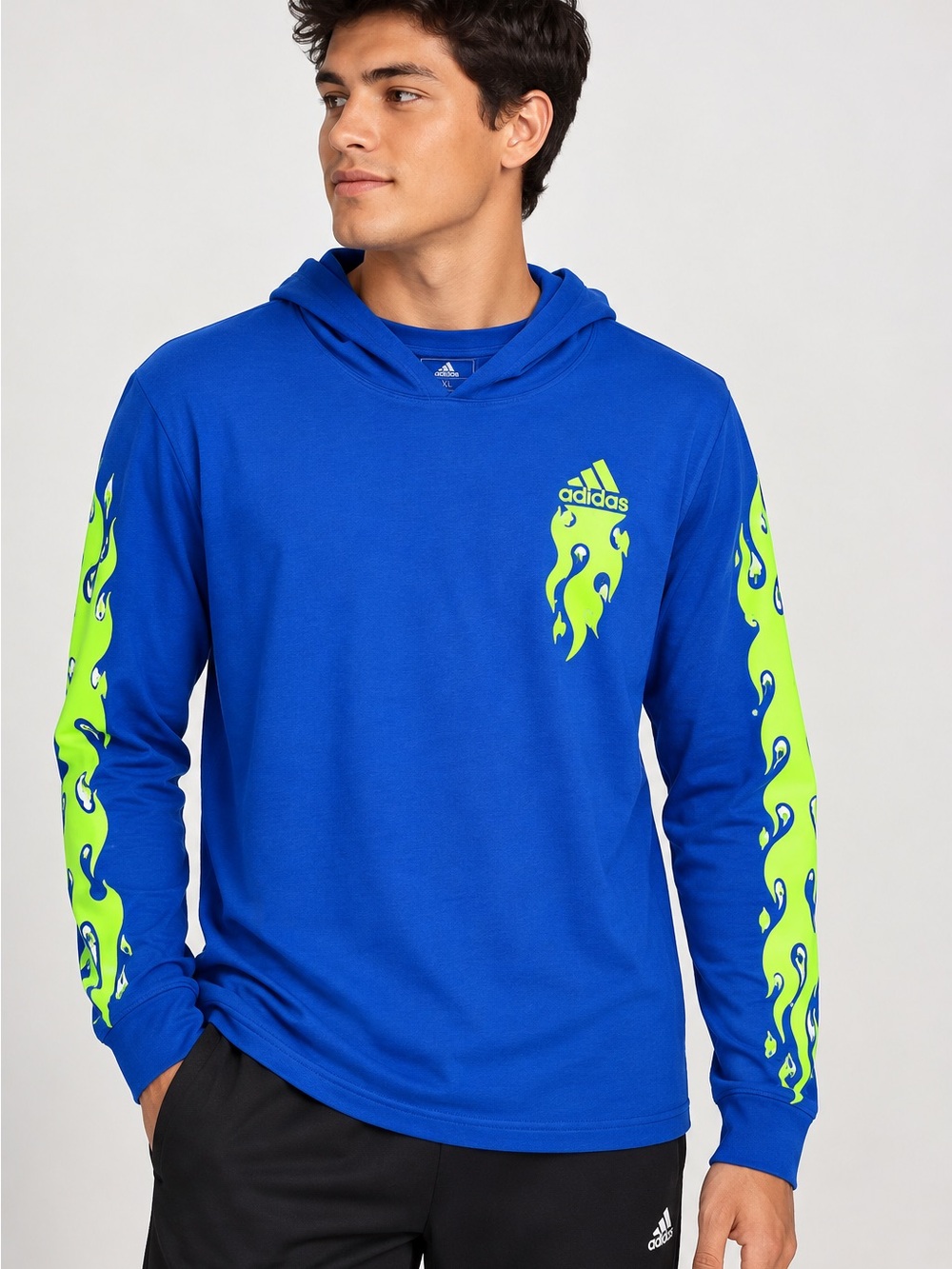 Adidas Men’s XL Blue Hooded Long-Sleeve Shirt with Neon Green Flame  (0024)